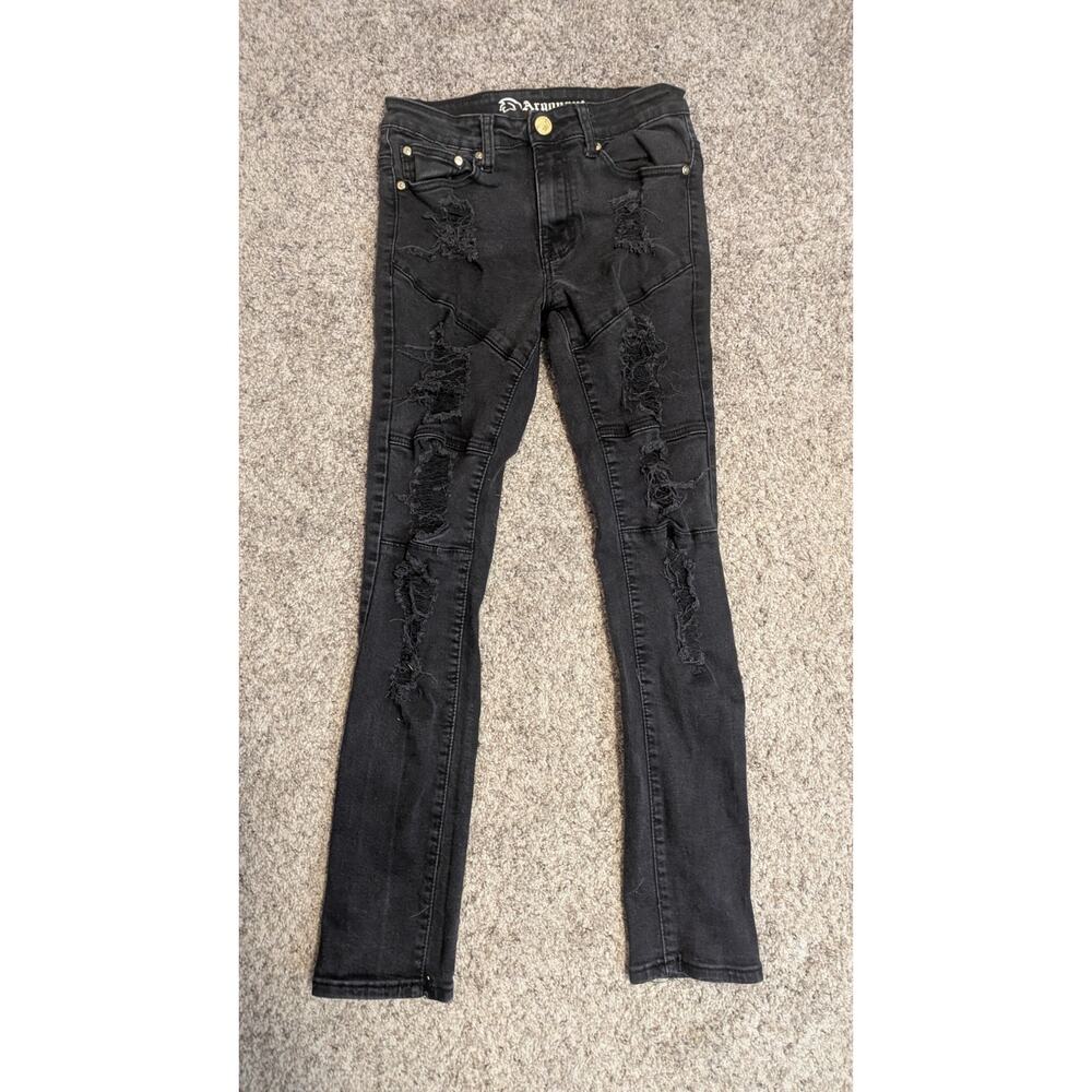 Argonaut Men's Ultra Slim Black Distressed Moto Jeans Size 30x32 Ripped Denim